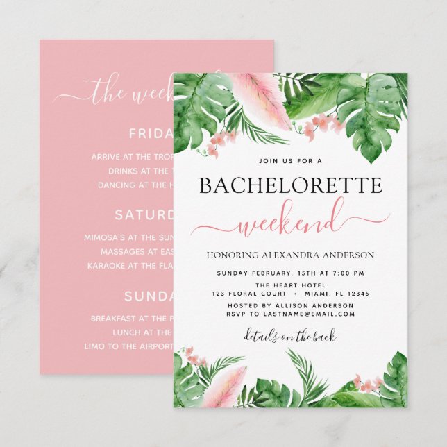 Invitation Bachelorette Week-end Itinéraire Palms Tropicaux (Devant / Derrière)