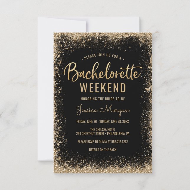 Invitation Bachelorette Weekend Itinéraire Black Gold Frame (Devant)