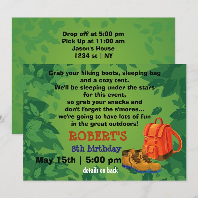 Invitation BackPack & Boots Camping Party Anniversaire Invita (Devant / Derrière)