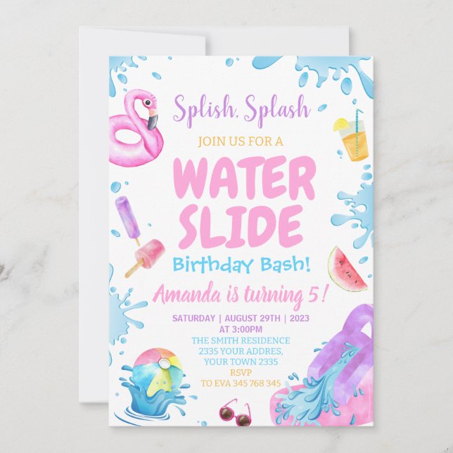 Invitation Backyard Water Slide Splash Birthday Party (Devant)
