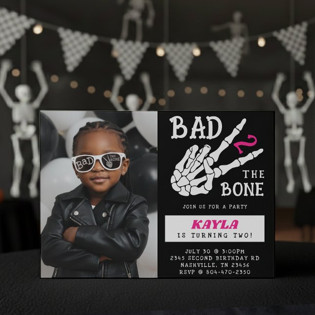Invitation Bad 2 the Bone Skeleton Photo 2nd Birthday Party (Créateur téléchargé)