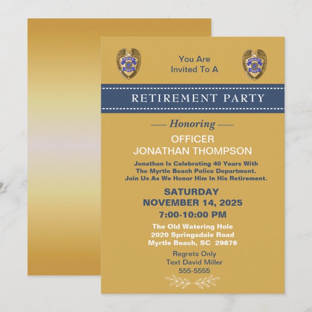 Invitation Badge de police Blue Line Gold Retirement (Devant / Derrière)