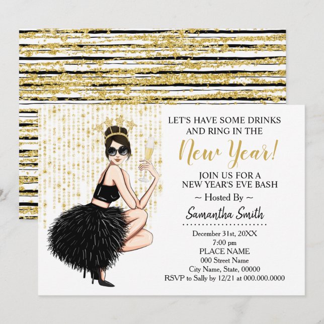 Invitation Bague au Nouvel An et prendre un verre Parties sci (Devant / Derrière)
