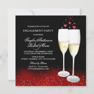 Invitation Bague Champagne Rouge Noir Cœur Engagement Fête
