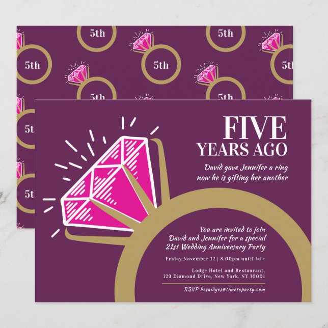 Invitation bague en tourmaline rose pour la 5ème anniversaire (Devant / Derrière)