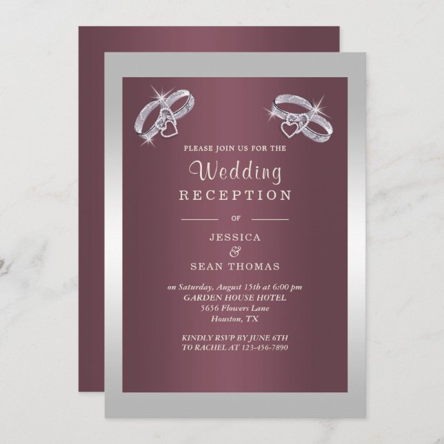 Invitation Bagues d'argent mousseux & Burgandy Réception de m (Devant / Derrière)