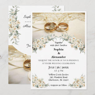 Invitation Bagues en or élégantes et mariage floral vert saug