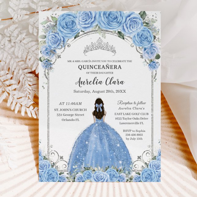 Invitation Bahama Sky Blue Floral Robe Argent Quinceañera (Créateur téléchargé)