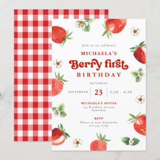 Invitation Baie Premier Anniversaire Aquarelle Fraise Gingham
