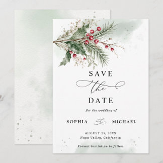 Invitation Baies de houx d'hiver aquarelle Save The Date