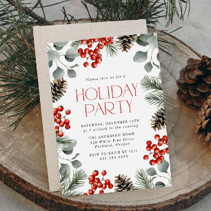 Invitation Baies de houx élégantes et cônes de pin Fête de fi