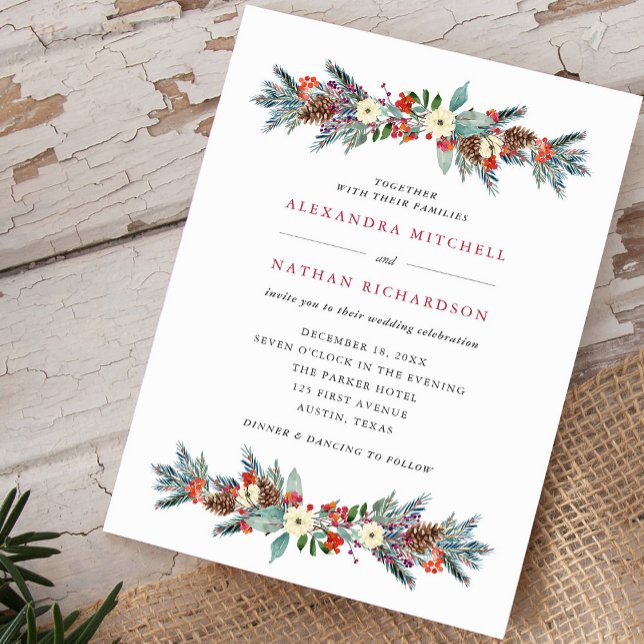 Invitation Baies de Noël et pin | Mariage de vacances (An elegant and festive holiday wedding invitation)