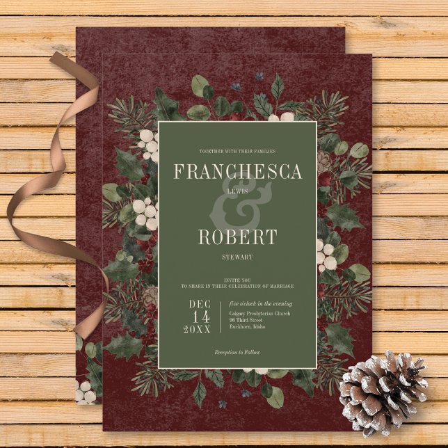 Invitation Baies d'hiver rustiques et Mariage de Bourgogne (Rustic Winter Berries & Pine Burgundy Wedding Invitation)