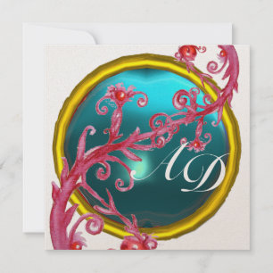 Invitation BAIES MAGIQUES 4, MONOGRAMME bleu aigue-marine or