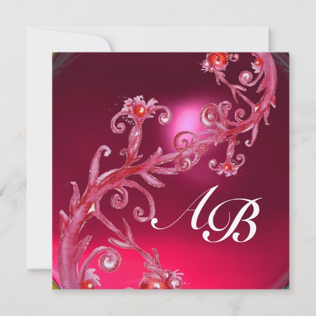Invitation BAIES MAGIQUES 4, MONOGRAMME rubis rouge argent (Devant)