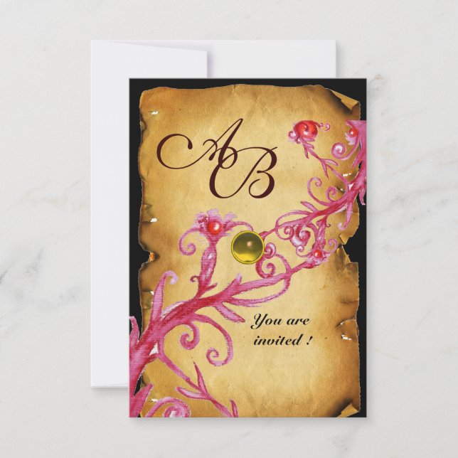 Invitation BAIES MAGIQUES  MONOGRAMME  Jaune parchemin rsvp (Devant)