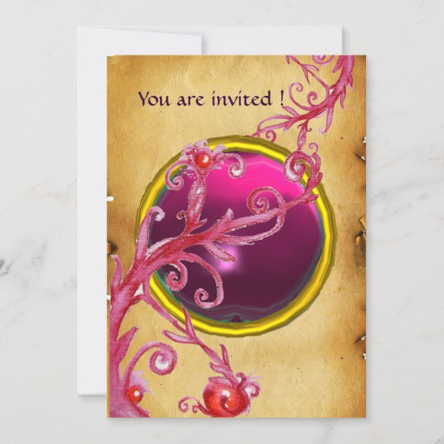Invitation BAIES MAGIQUES PARCHEMIN GEMME rouge rubis (Devant)