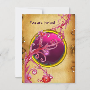 Invitation BAIES MAGIQUES PARCHEMIN GEMME rubis rouge