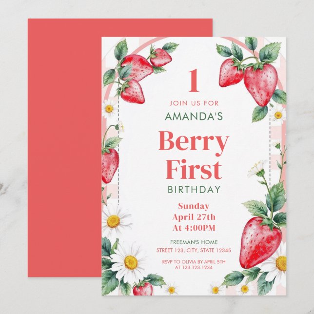 Invitation Baies neutres Pastel Fraises 1er Anniversaire (Devant / Derrière)