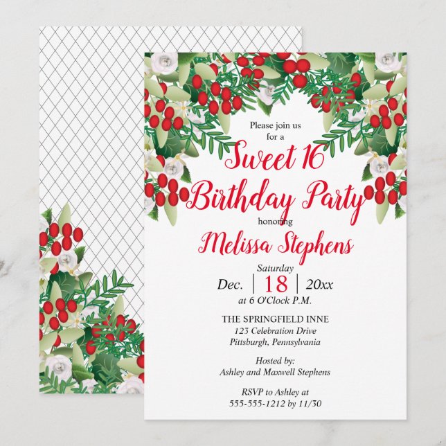 Invitation Baies rouges | Floral Sweet Rose 16 fête d'anniver (Devant / Derrière)