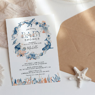 Invitation Baignade d'animaux de l'océan pour bébé en aquarel