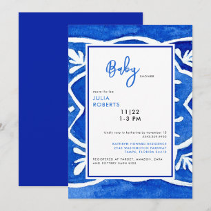Invitation Baignade de bébé Carreau Méditerranéen Bleu Cobalt
