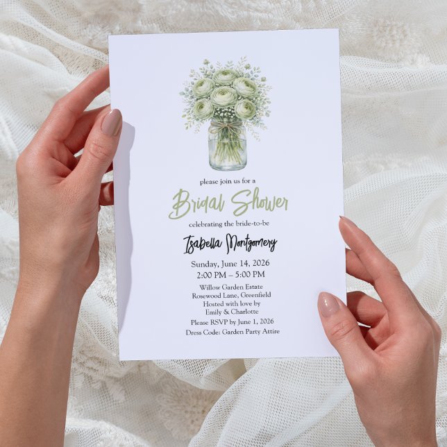 Invitation Baigneuse de mariage dans un pot Mason vert sauge  (Sage Green Ranunculus Mason Jar Bridal Shower Invitations
)