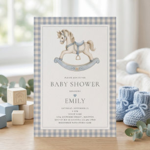 Invitation Baignoire bébé garçon à carreaux bleus Cheval à ba