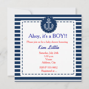 Invitation Baignoire bébé rayé bleu marine d'ancre nautique