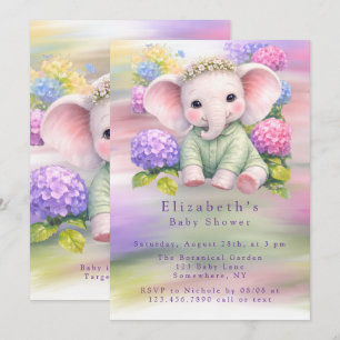 Invitation Bain de bébé à l'éléphant avec des hortensias