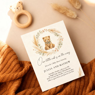 Invitation Bain de bébé Boho Woodland Bear Sage Terracotta