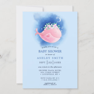 Invitation Bain de bébé fille aquarelle baleine rose nautique