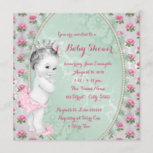 Invitation Bain de bébé fille élégant vert menthe et rose