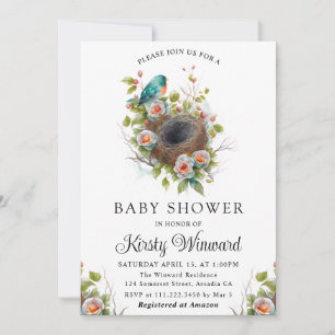 Invitation Bain de bébé Fleurs Aquarelle Nid d'oiseau de prin