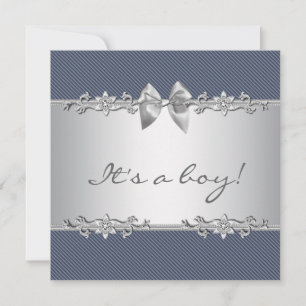 Invitation Bain de bébé garçon rayé bleu marine gris