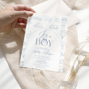 Invitation Bain de bébé garçon sur le thème Toile De Jouy Ble