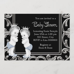 Invitation Bain de bébé jumeaux garçon noir, bleu et argent
