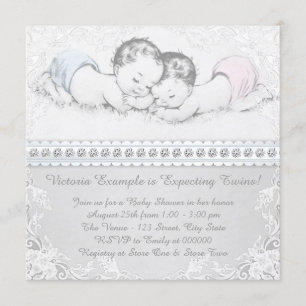 Invitation Bain de bébé jumeaux rose et bleu élégant