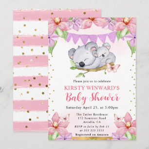 Invitation Bain de bébé Koalas et Fleurs à l'aquarelle Mignon