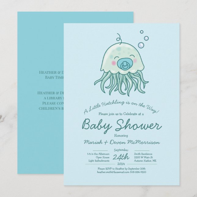 Invitation Bain de Bébé Méduse Mignon Garçon Bleu Kawaii (Devant / Derrière)