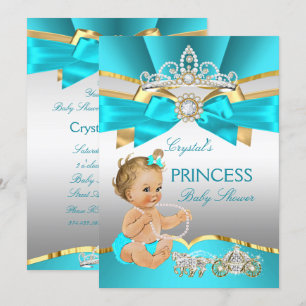 Invitation Bain de bébé Princesse Bleu Turquoise Or Blonde