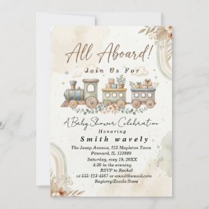 Invitation Bain de bébé Train Jouet à l'aquarelle Bohème