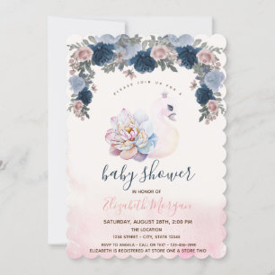 Invitation Bain de couleur Bébé Cygne Floral Rose Baby Shower