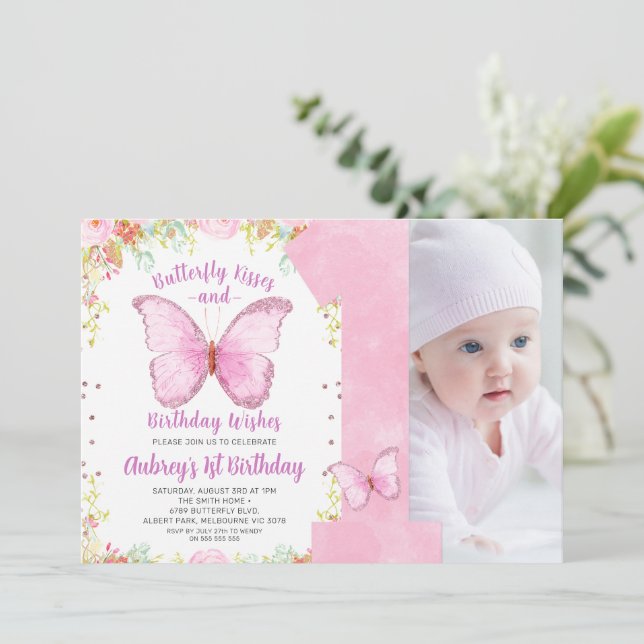 Invitation Baisers à papillon Anniversaire Voeux Photo Annive (Debout devant)
