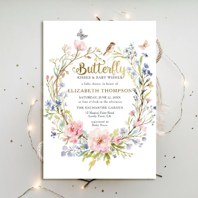 Invitation Baisers à papillon Baby shower de jardin Fleur sau (butterfly kisses baby shower invitation fairy enchanted garden woodland forest bird spring summer)