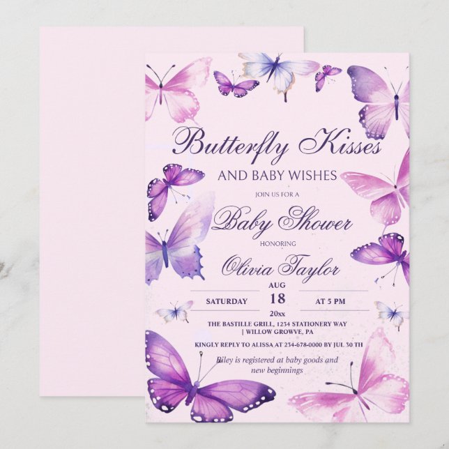 Invitation Baisers à papillon Baby shower fille rose violet i (Devant / Derrière)