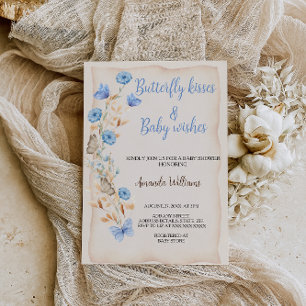 Invitation Baisers à papillon Baby shower floral Boho bleu