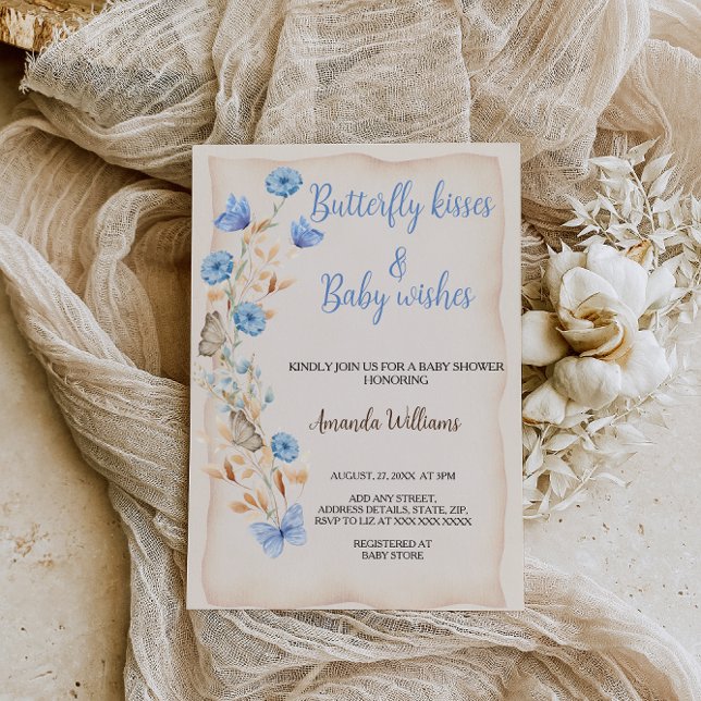Invitation Baisers à papillon Baby shower floral Boho bleu (Créateur téléchargé)