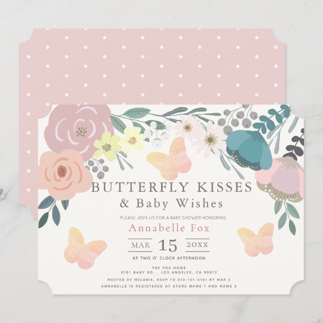 Invitation Baisers à papillon Baby shower floral rose (Devant / Derrière)
