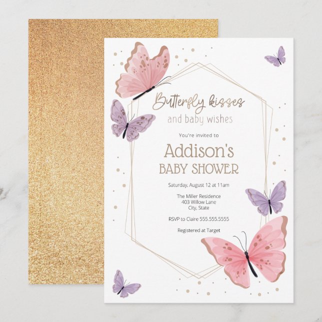 Invitation Baisers à papillon et Baby shower de voeux pour bé (Devant / Derrière)